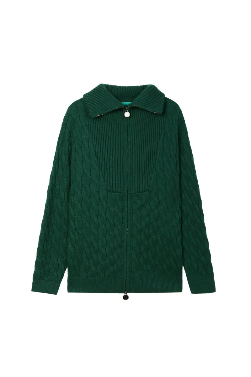 Domus Cable Knit Jacket – Green (Cashmere Blend) - Image 3
